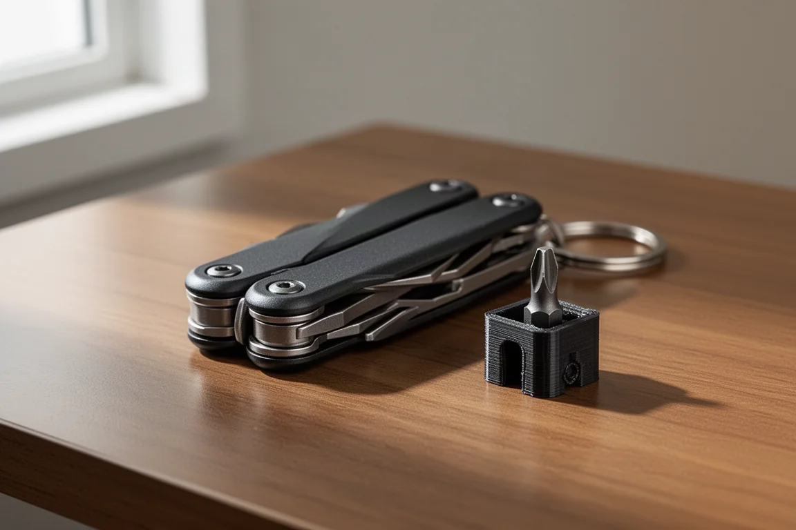 Compact black multi-tool beside a 3D-printed bit driver insert on a wooden desk