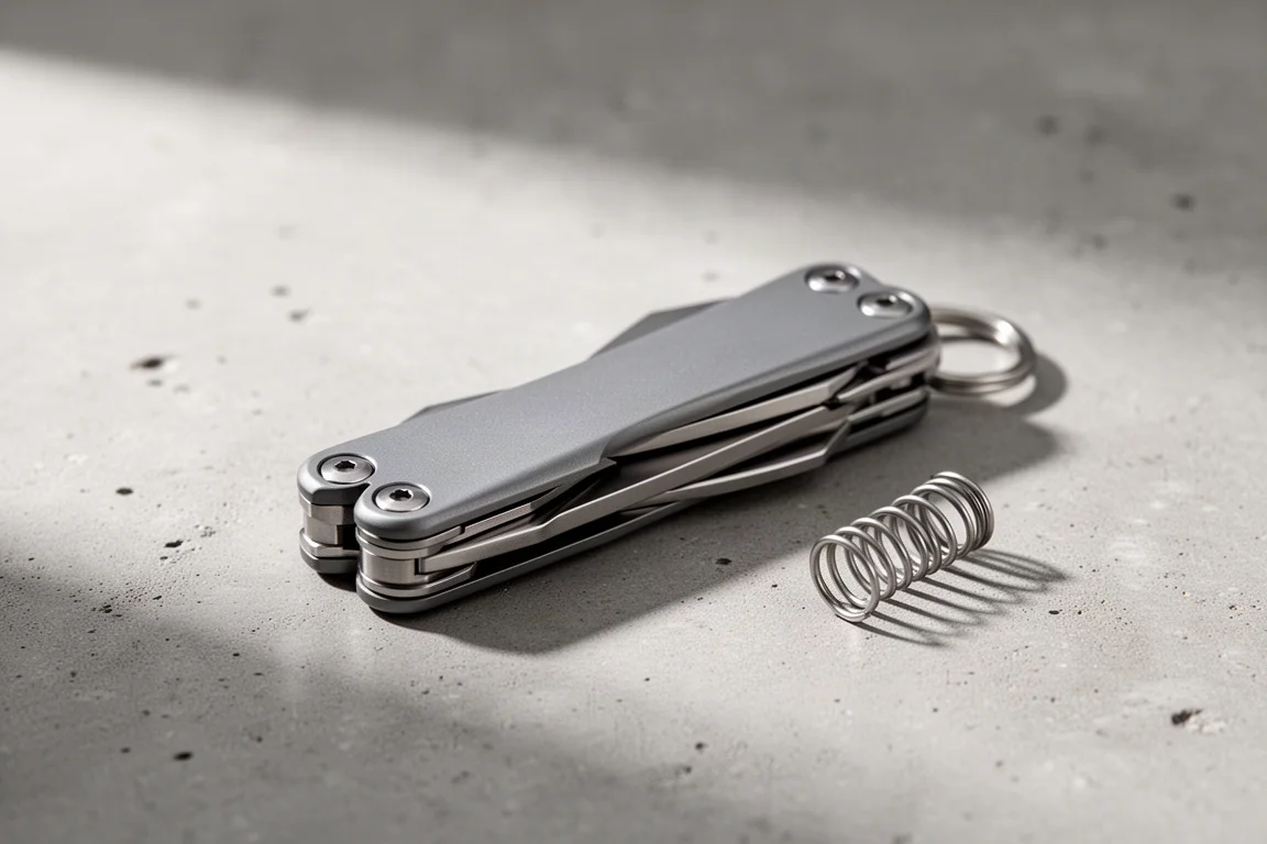 Multitool da portachiavi compatto in acciaio inox chiuso su cemento accanto a una piccola molla metallica