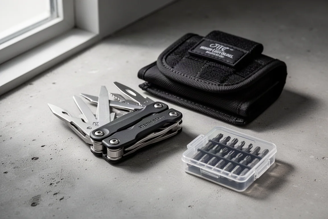 Black Leatherman Super Tool 300M with sheath and bit kit on concrete surface