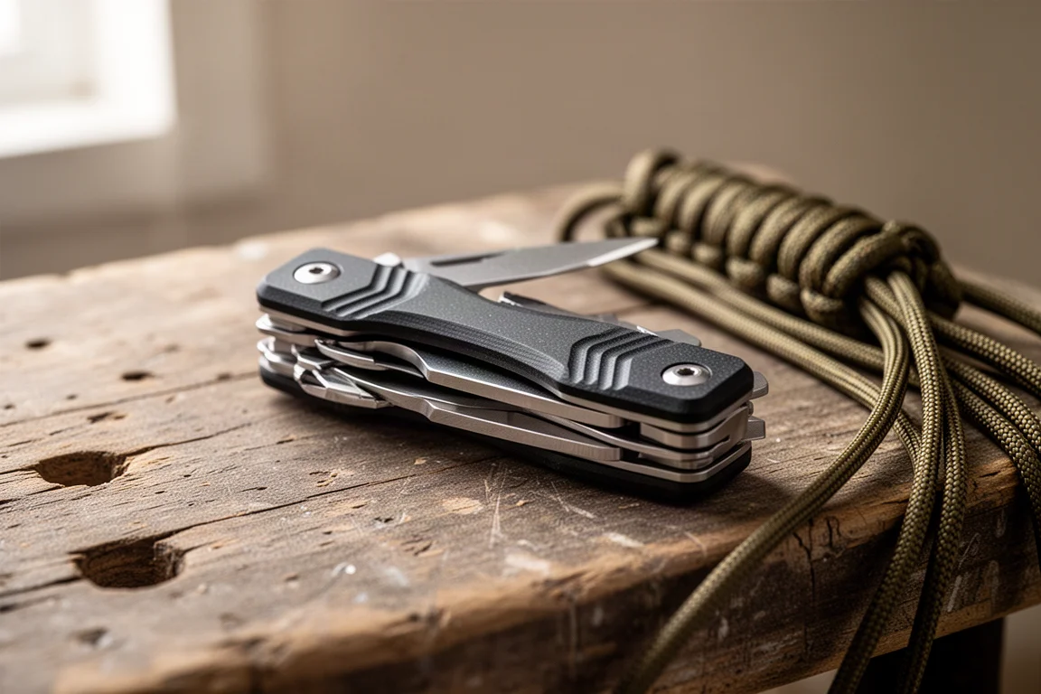 Multitool med skulpterade G10-skal liggande på ett borstat skrivbord i trä i dagsljus