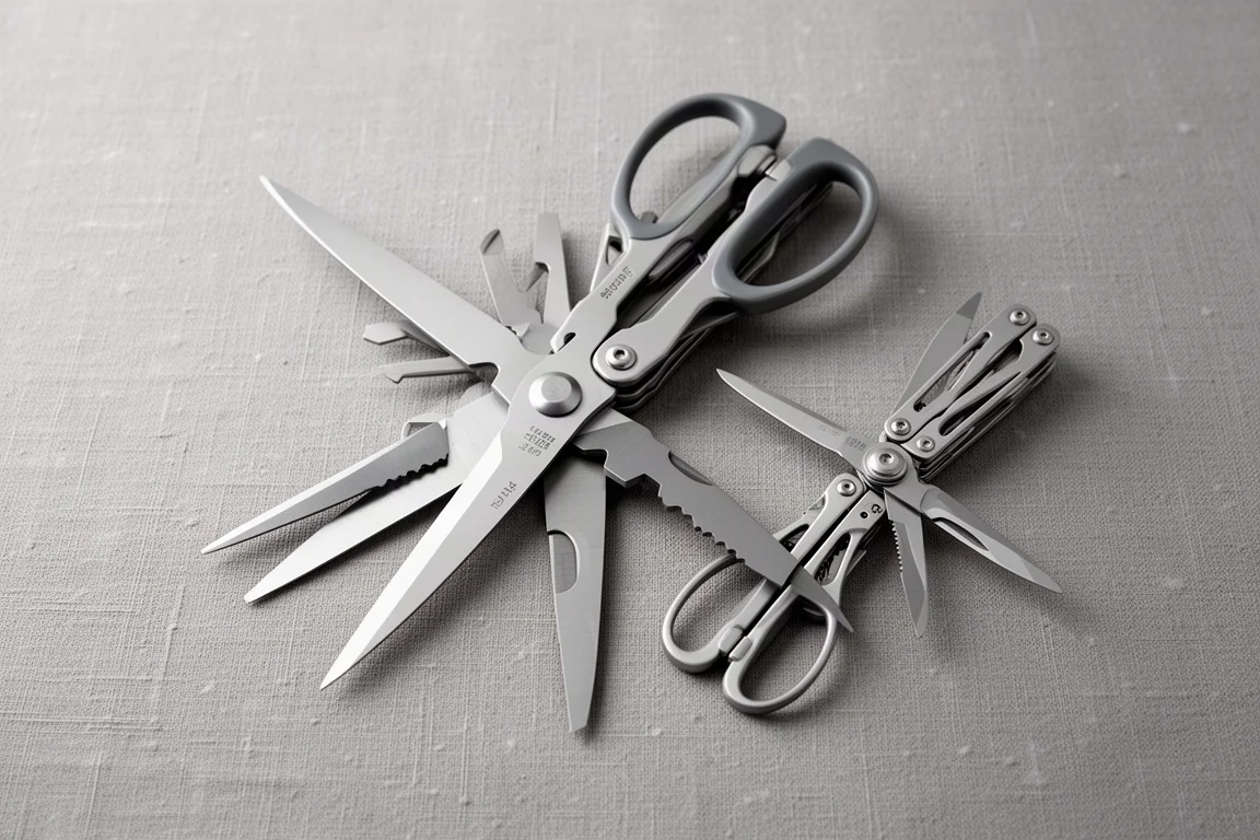 Närbild på ett belagt multitool-blad med tummeikärning som fångar mjukt ljus
