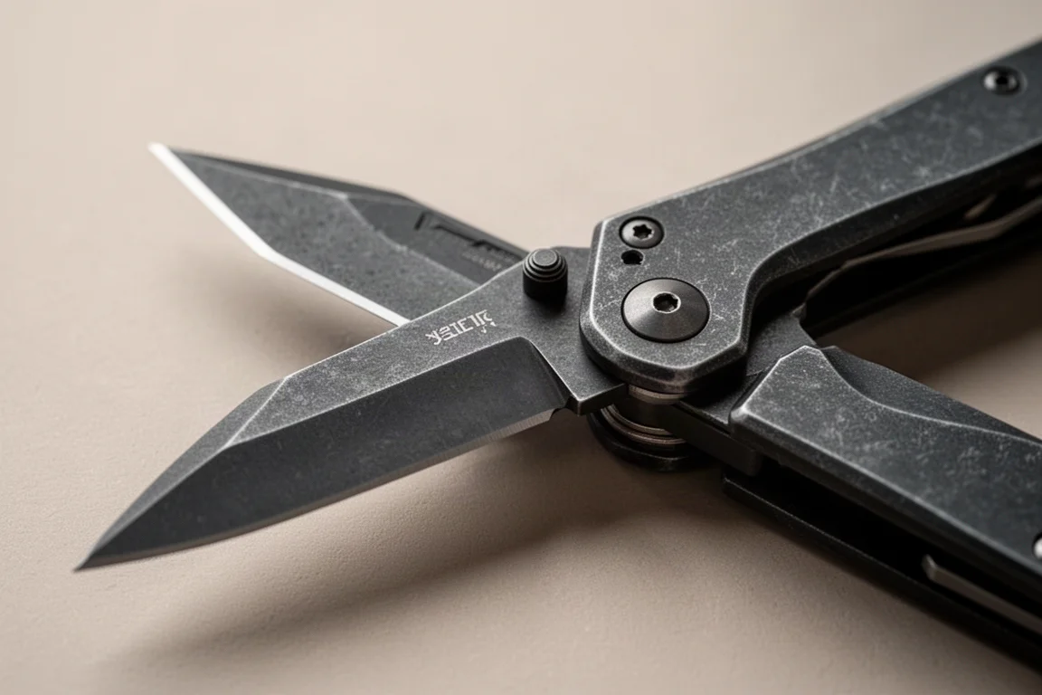 Multitool-saxar som klipper snöre på en verkstads bänk