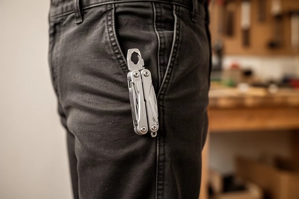 Öppet multitool som visar pryl och inre verktyg på en neutral yta