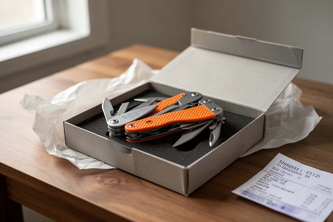 Uitpakscène met een nieuwe vouwbare multitool op een houten bureau