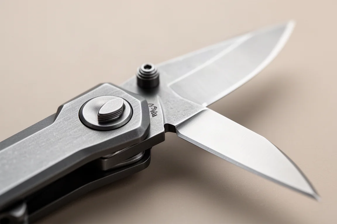 Close-up van een multitool-mes met duimknop en snede