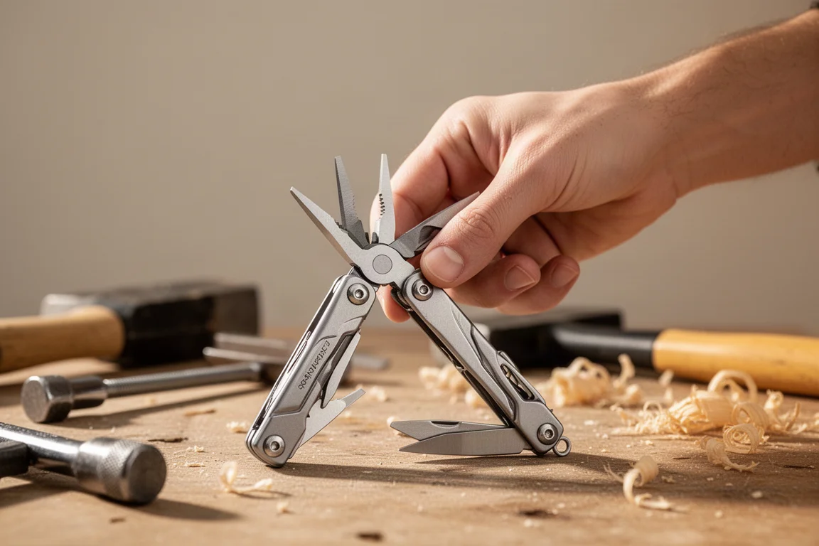 Persoon die een multitool met één hand openklapt in een werkplaats