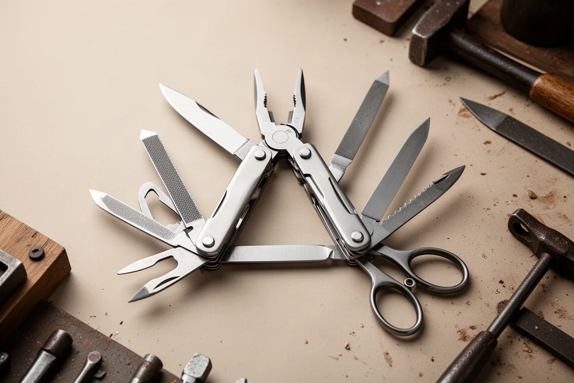 Multitool opengeklapt met alle gereedschappen uitgeklapt op een werkbank