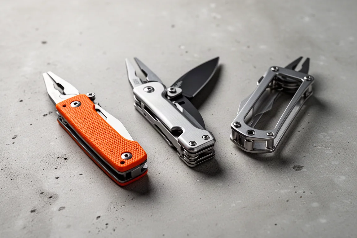 Three Leatherman multi-tools side by side on a concrete surface