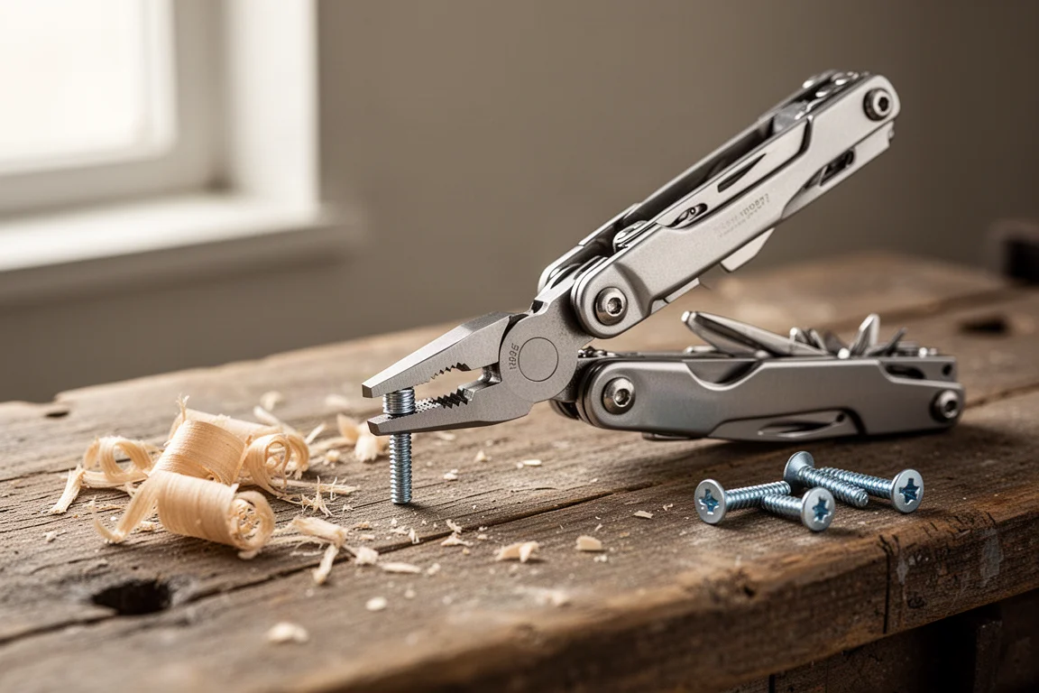 Drie Leatherman multitools op een werkbank in zacht daglicht