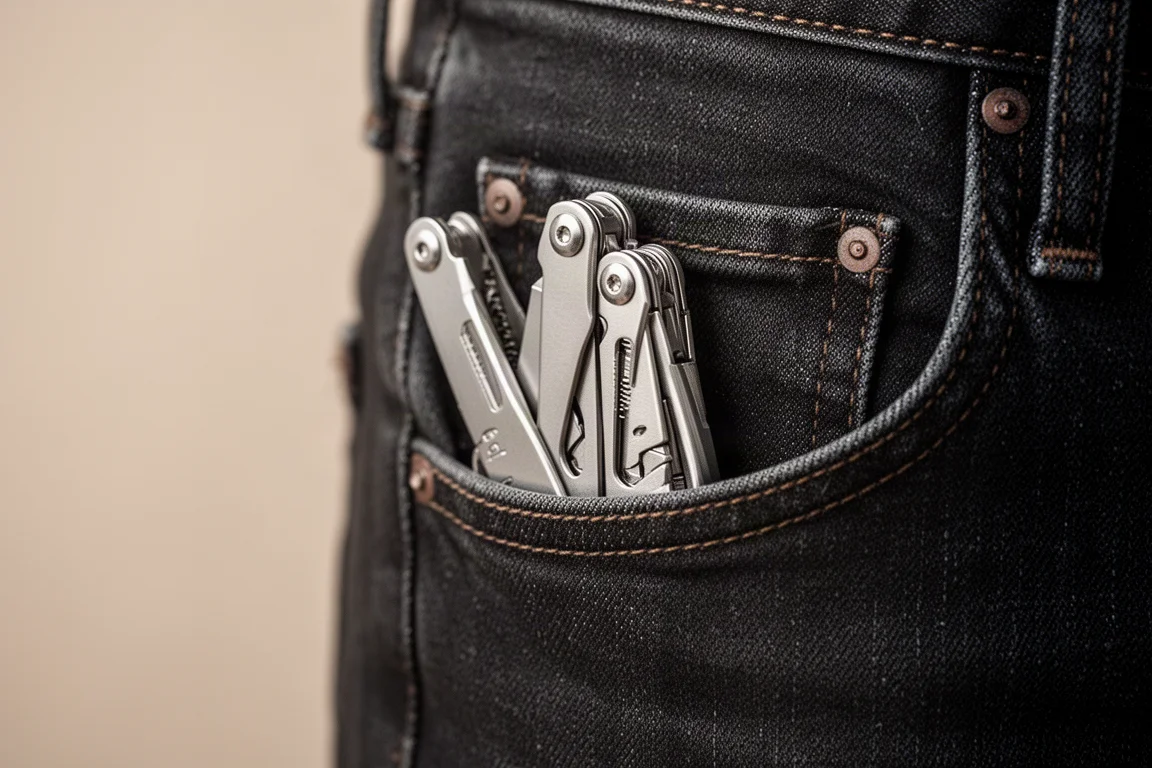 Close-up van G10 handvatpanelen van een vouwbare multitool met gegoten gripstructuur