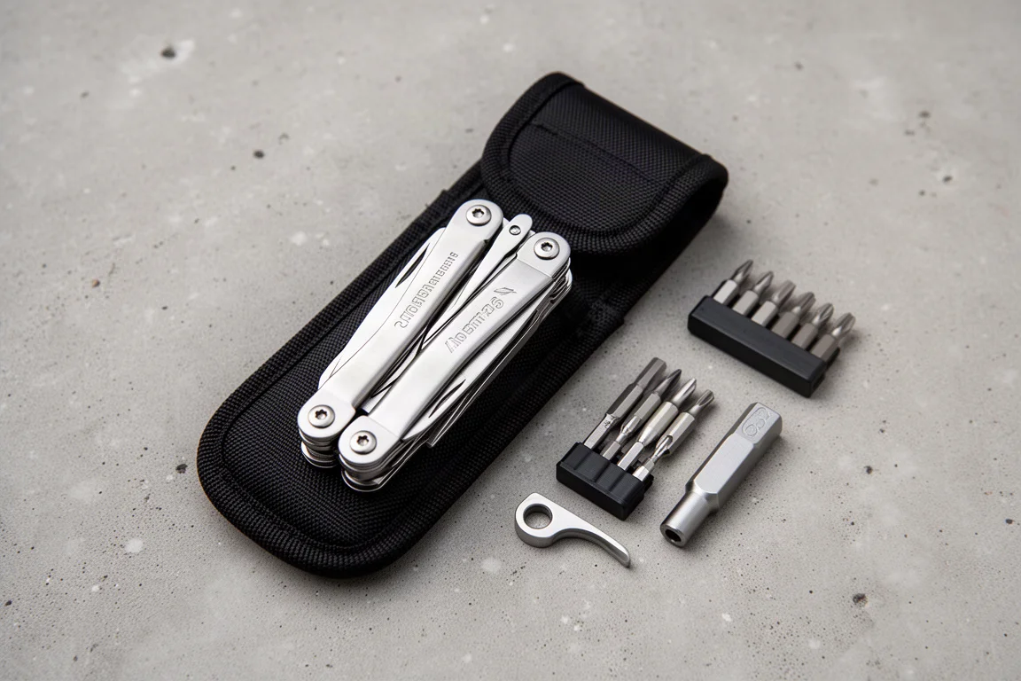 Multitool-kling die door touw snijdt op een houten werkvlak