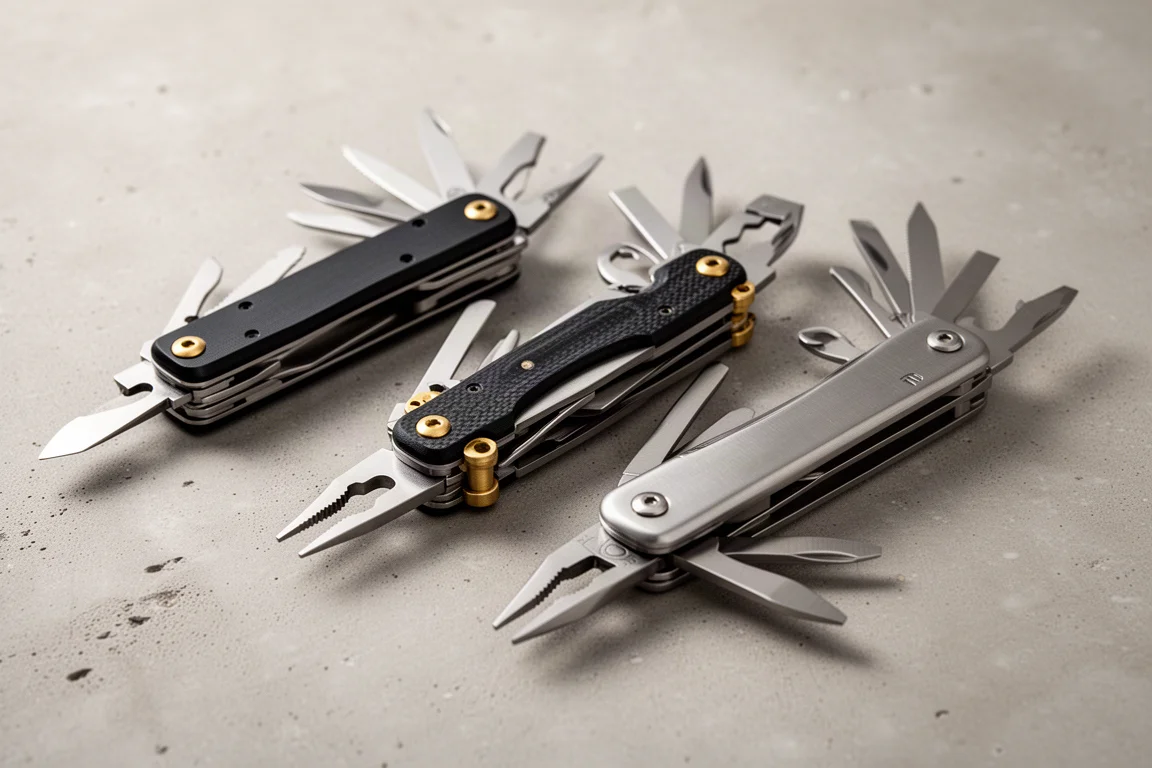 Three Leatherman-style multi-tools arranged on a concrete surface