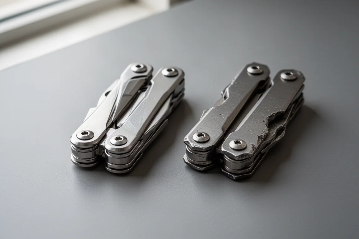 Zwei ähnliche Multitools aus Edelstahl Seite an Seite mit übereinstimmender Blattanordnung und Hülle