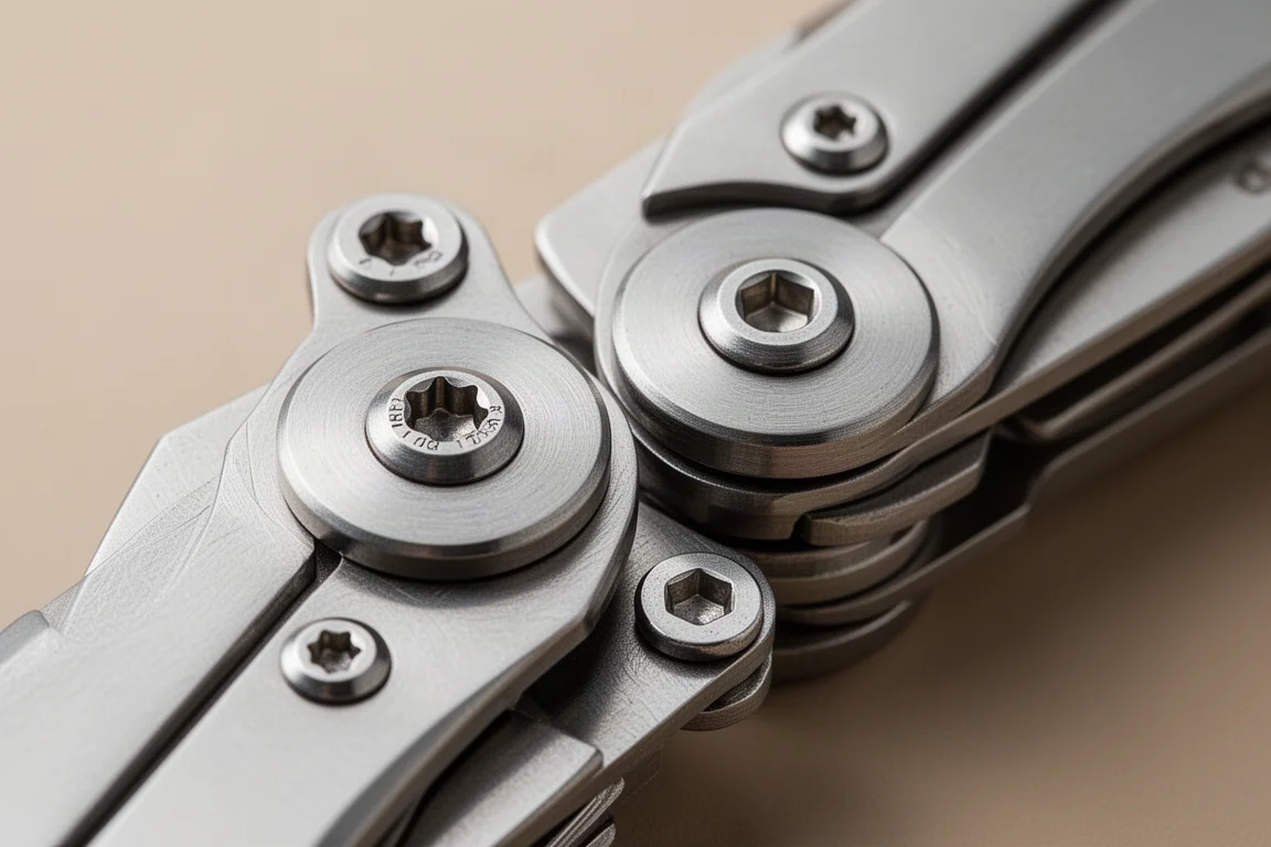 Torx-Schrauben an der Edelstahlhülle eines Klapp-Multitools