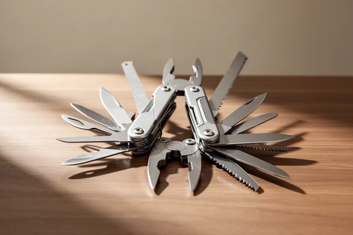 Modernes Multitool mit frei beweglichen Klingen auf einem Holzschreibtisch ausgelegt