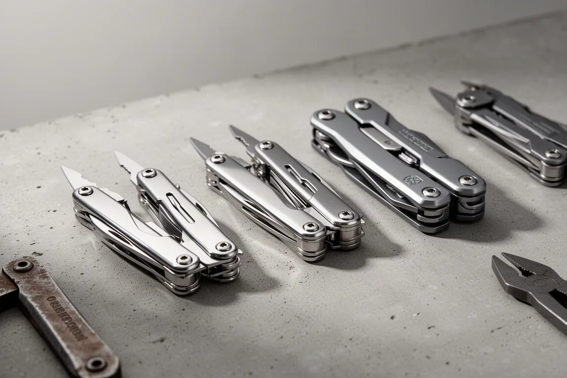 Three folding multi-tools arranged on a concrete surface with a rougher copy tool nearby