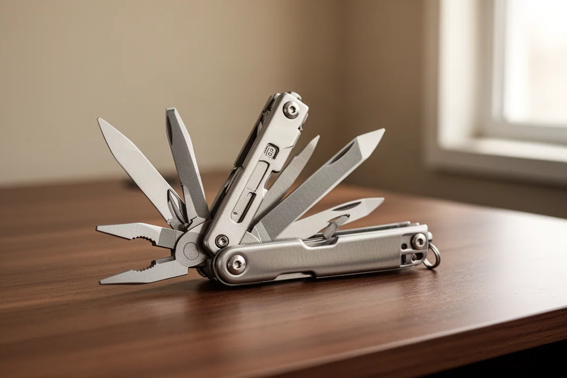 Folding multi-tool locked open showing pliers and outer tools in soft window light