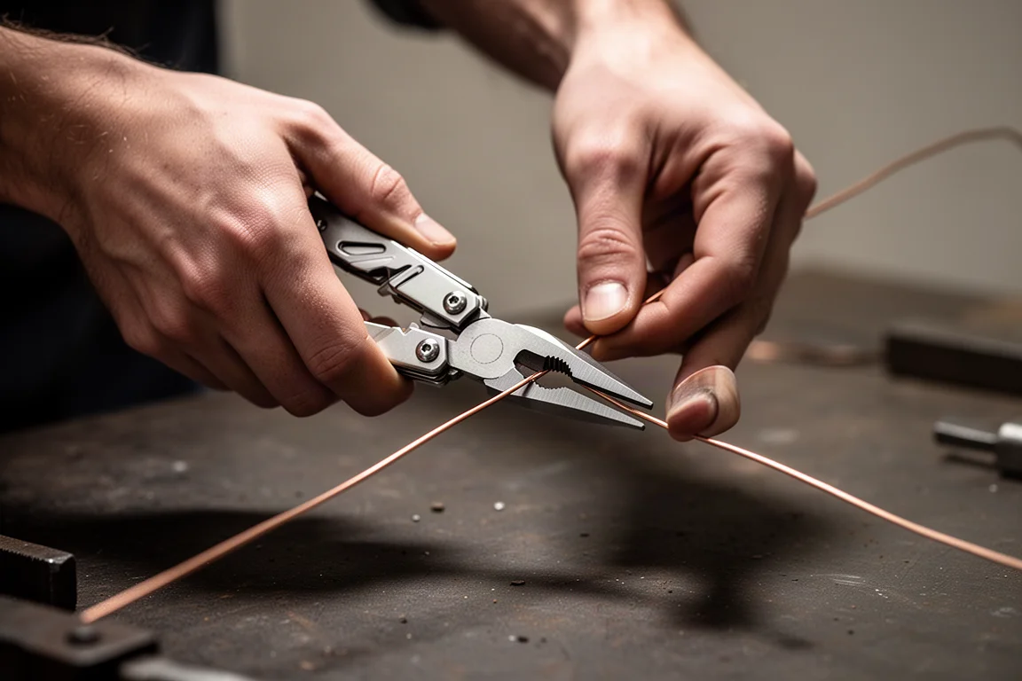 Hands using the plier grip of a folding multi-tool on a small wire at a workbench