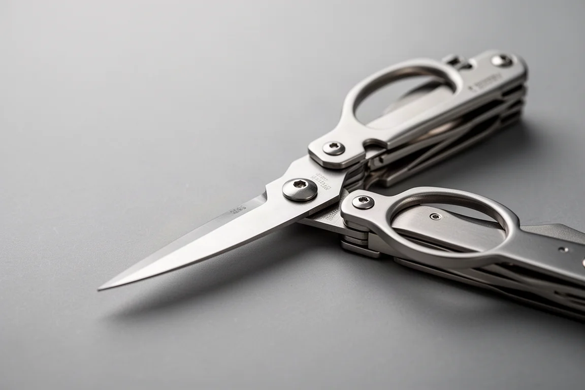 Close-up of large folding scissors on a stainless multi-tool on a grey surface