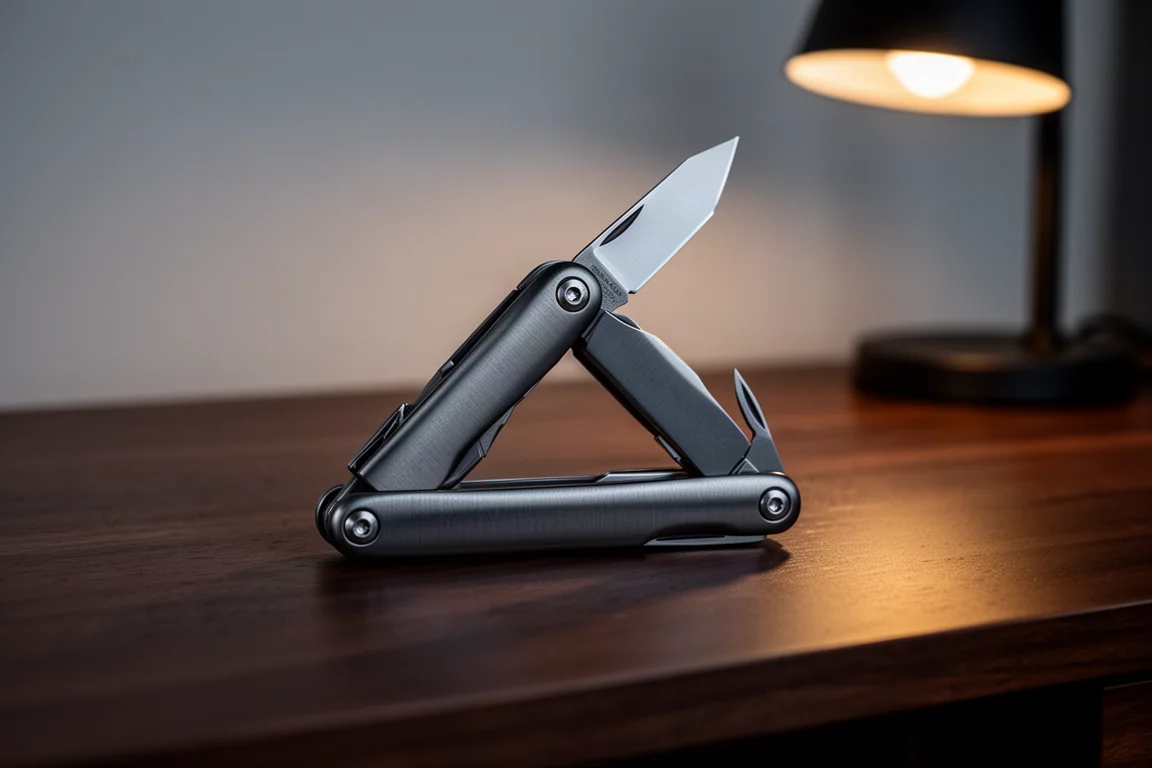 Titanium multi-tool with a partially deployed blade on a dark desk at dusk