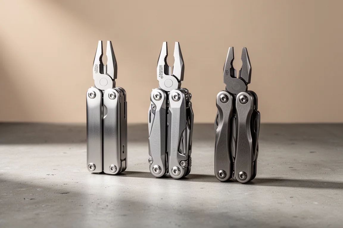 Tre generazioni di multi-tool pieghevoli Leatherman disposte fianco a fianco su cemento