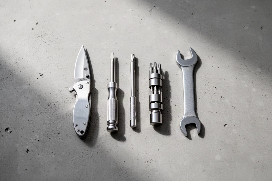 不鏽鋼小型手工具在水泥地上排成一列的俯拍畫面