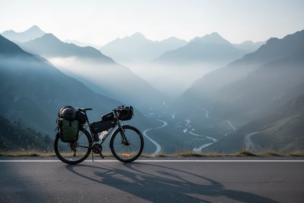清晨薄霧中，行駛在山口道路上的旅行單車