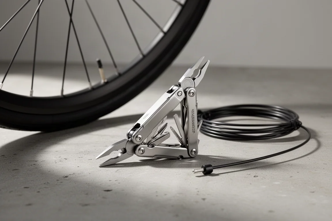 Compact stainless steel multi-tool on concrete beside a bicycle wheel rim and coiled cable