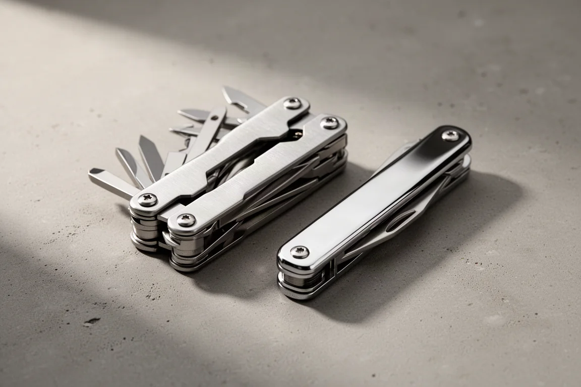 Multi-tool Leatherman Wave Plus e Victorinox Spirit X affiancati su cemento