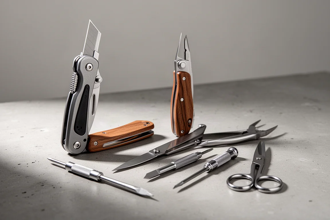 Folding multi-tool beside a collection of dedicated hand tools on concrete