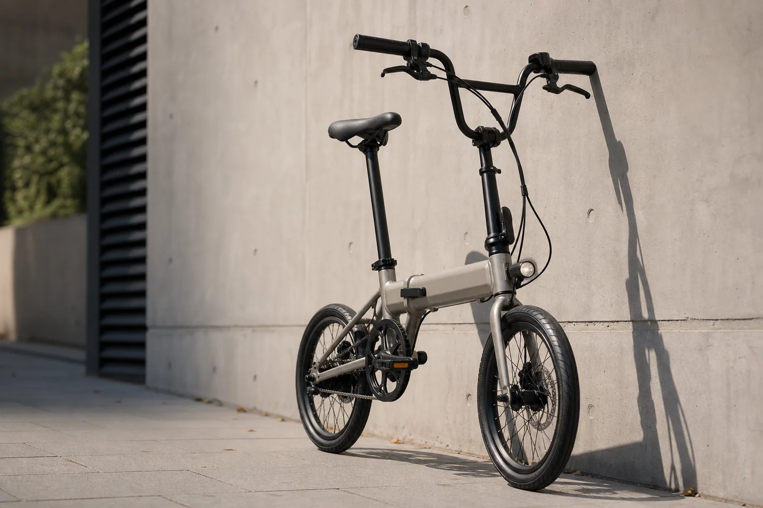 Compact folding eBike with BMX handlebars in urban setting