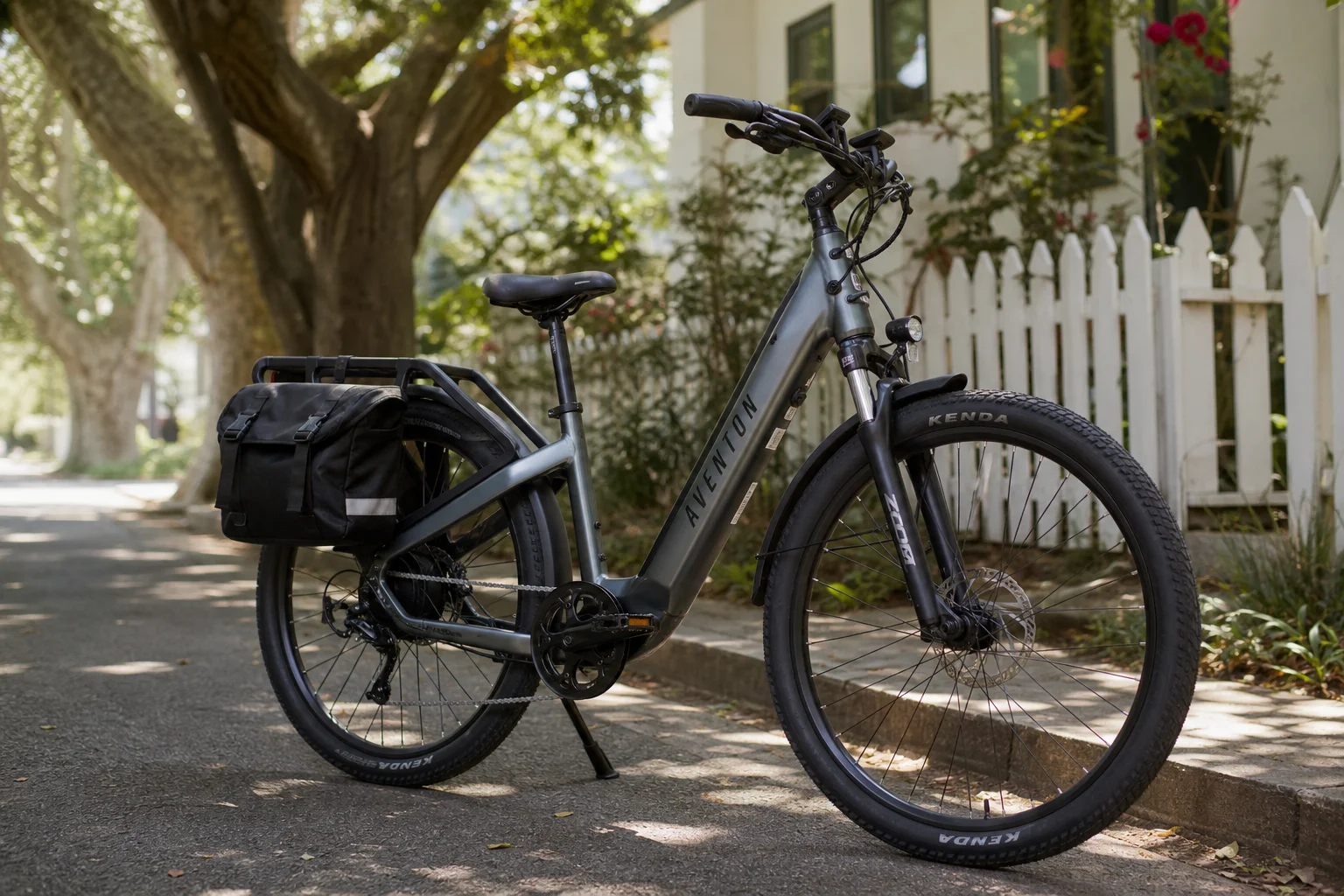 Step-through eBike with rear cargo rack loaded with groceries