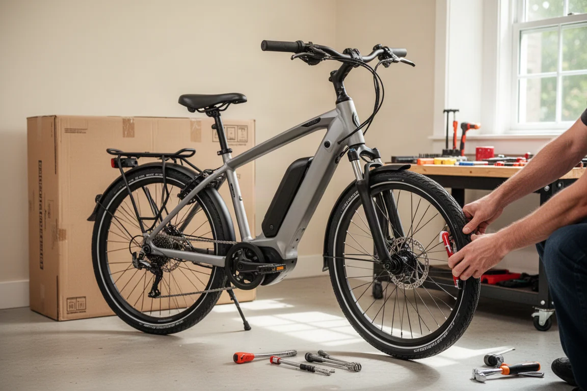 Bicicleta eléctrica de commuter siendo ensamblada desde una caja en un garaje brillante