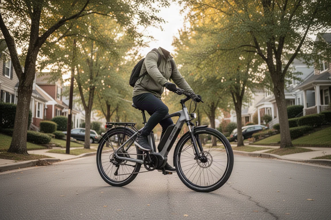 Ciclista pedaleando una bicicleta eléctrica de commuter cuesta arriba por una colina residencial empinada