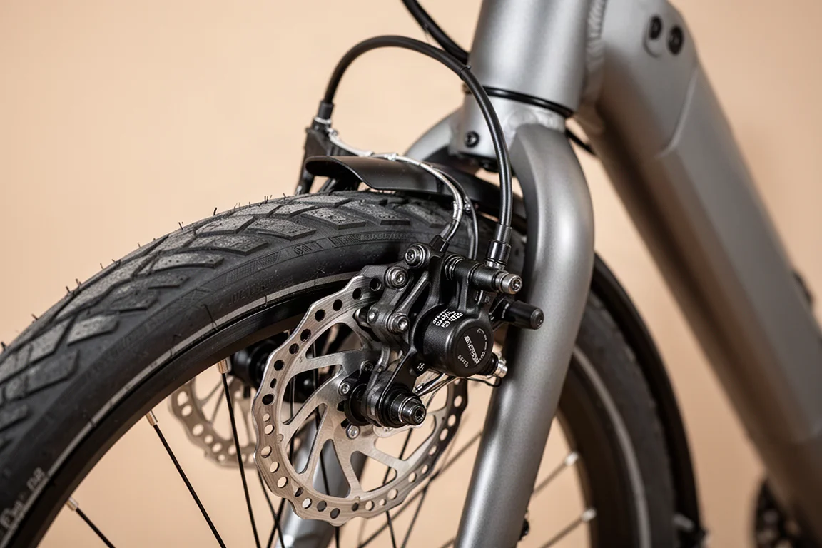 Primer plano de la pinza de freno de disco hidráulico en la rueda de una bicicleta eléctrica de commuter