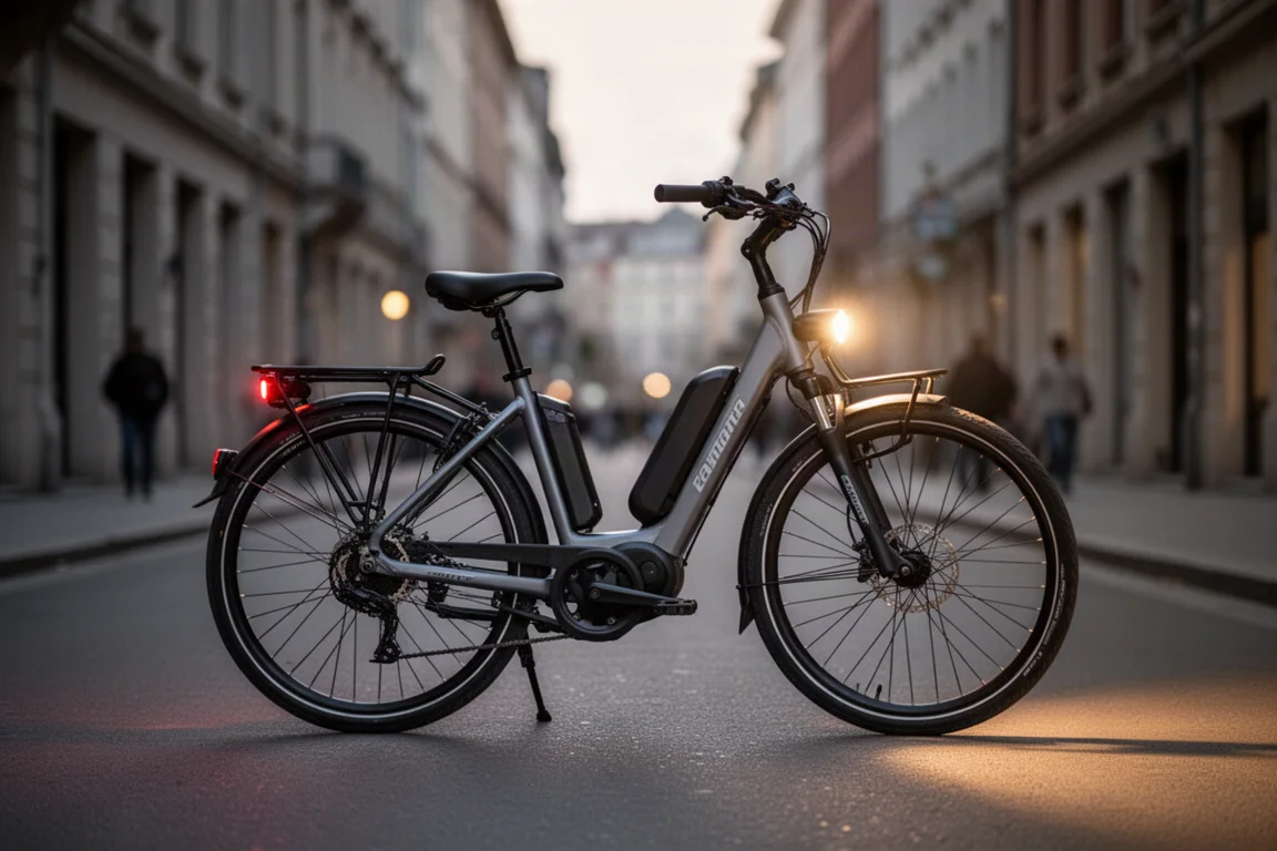 Bicicleta eléctrica de commuter estacionada en una calle de la ciudad al anochecer con el faro encendido