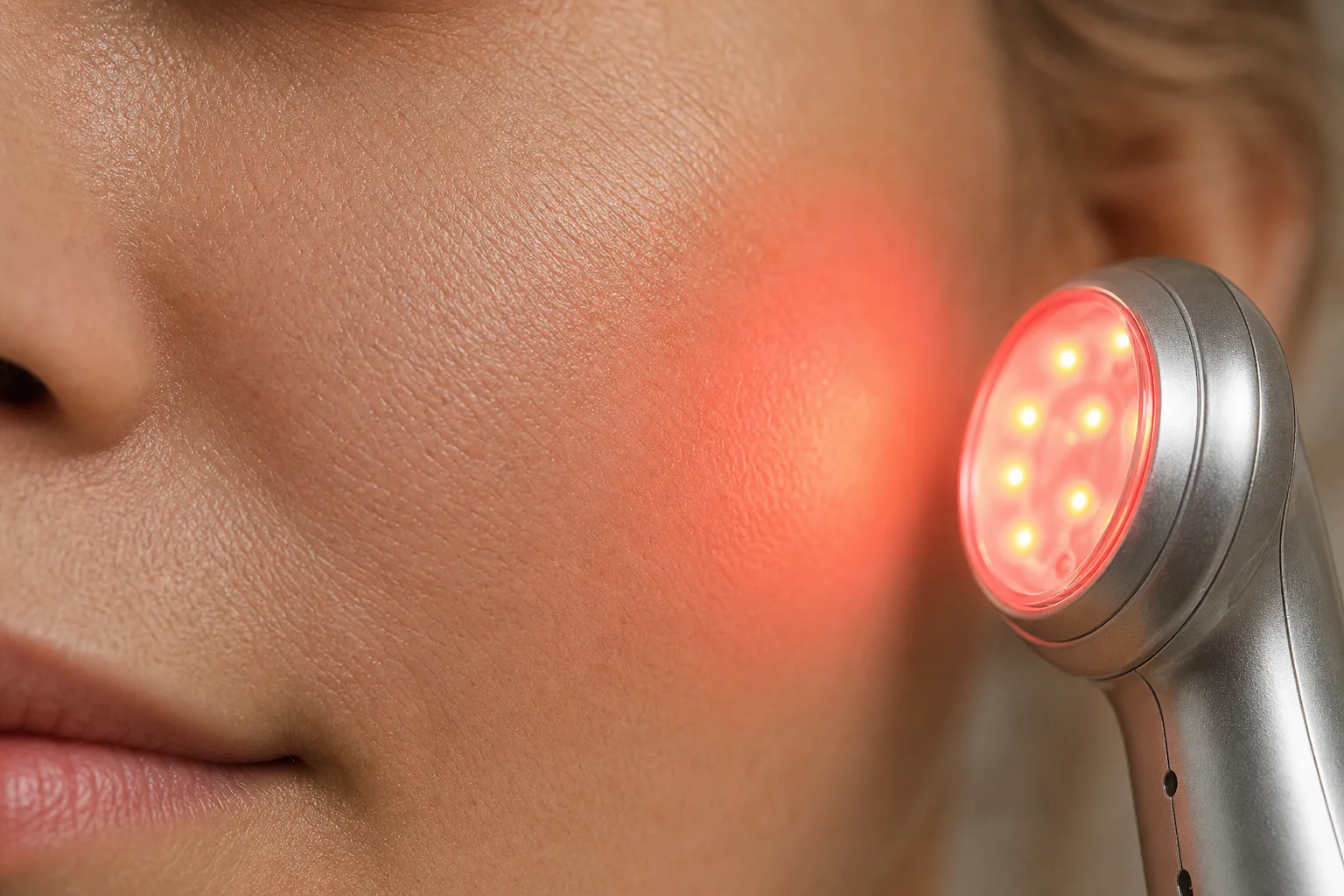 Close-up of LED light wavelengths illuminating skin texture