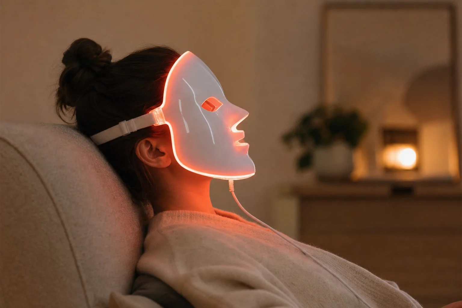 Person wearing LED face mask during evening skincare routine