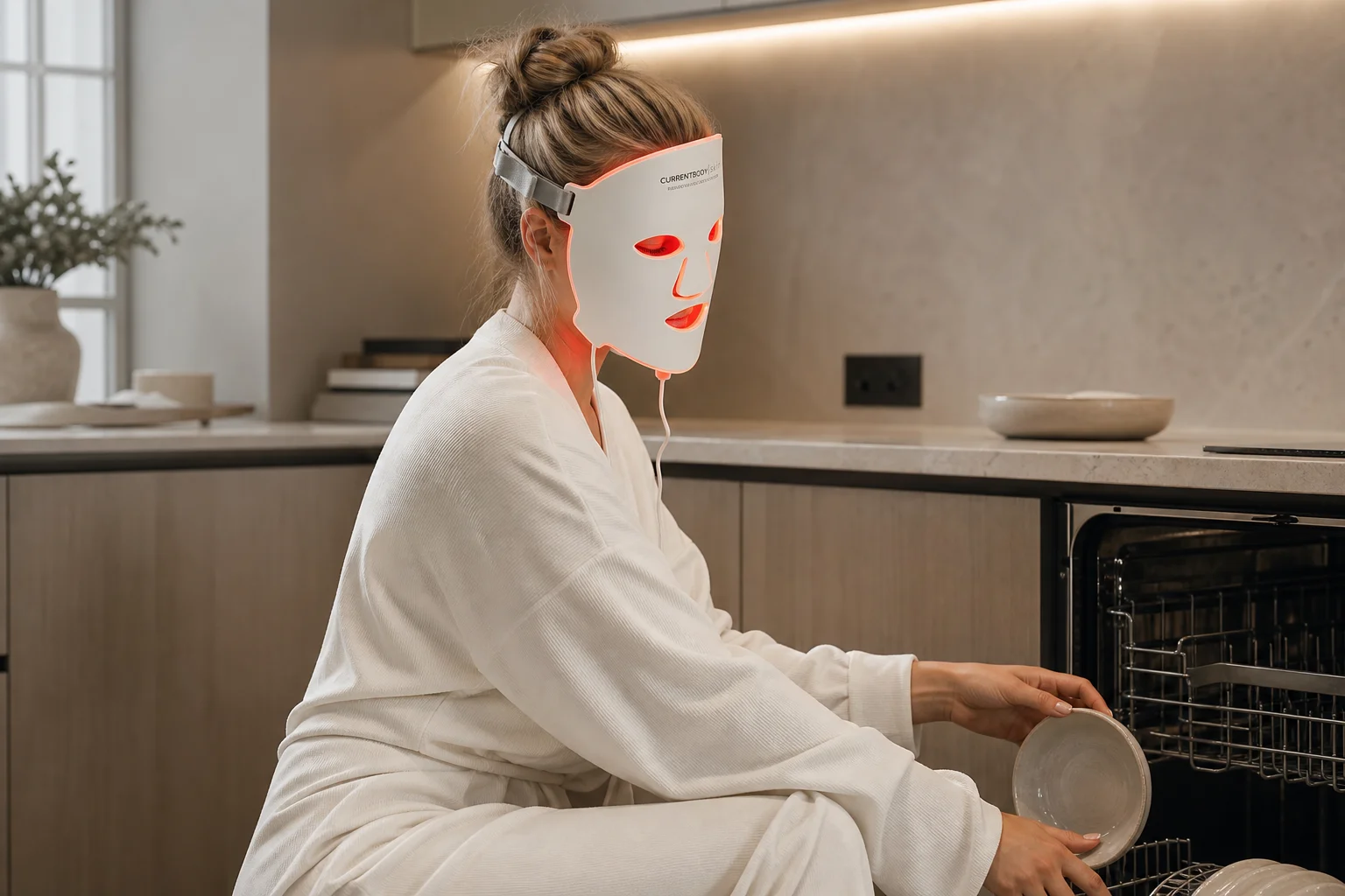 Person relaxing while wearing LED mask during multitasking