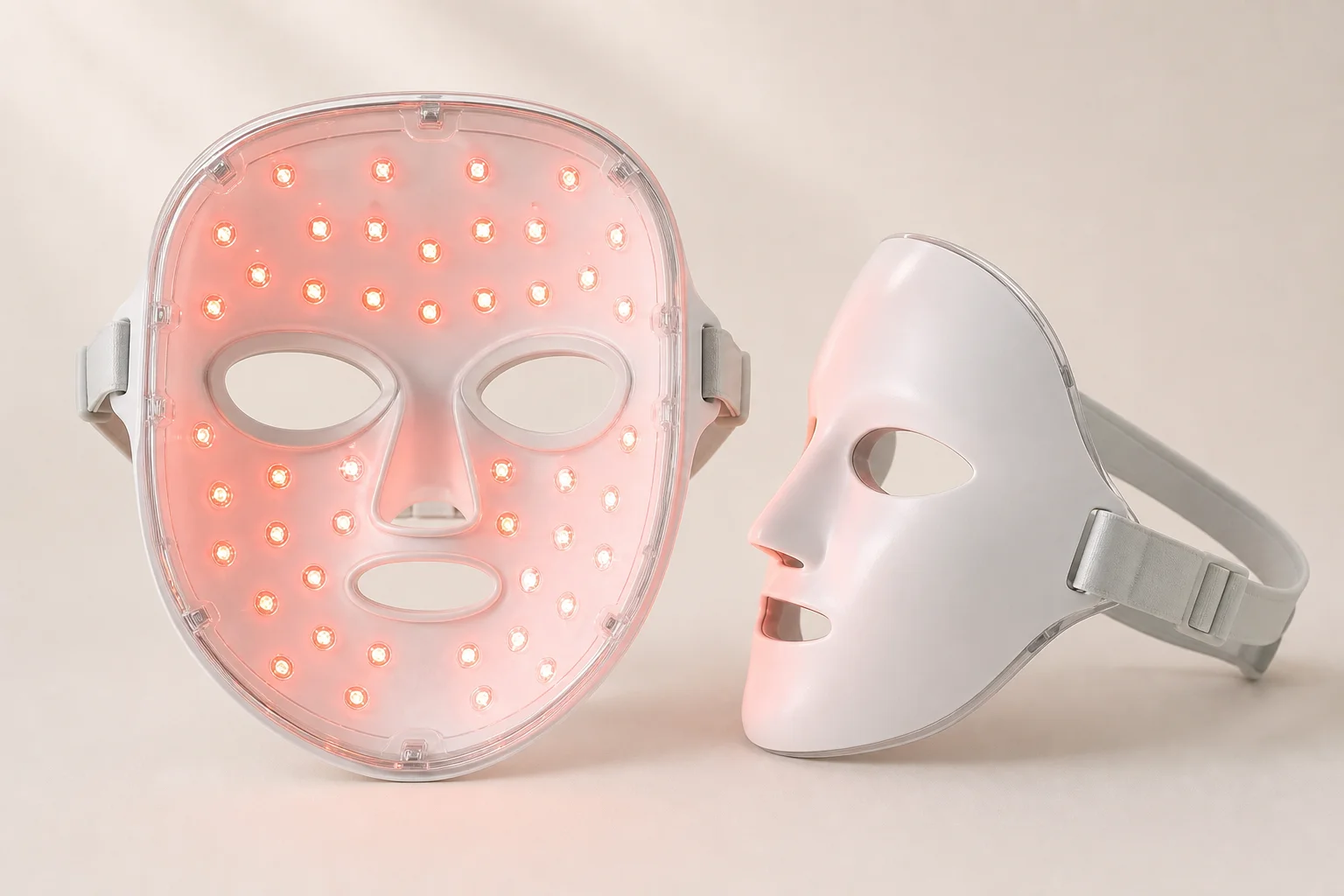 Maschera LED per il viso con bulbi visibili e supporto in silicone flessibile su sfondo neutro