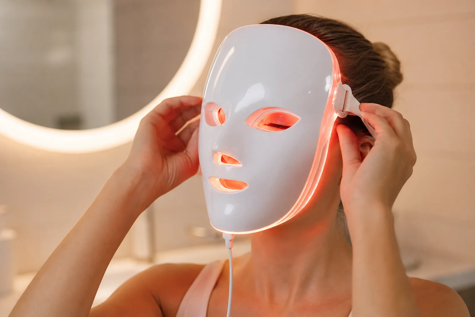 Person applying a glowing LED mask to their face in a modern bathroom
