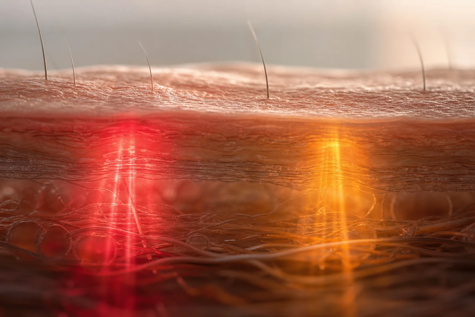 Close-up of red light wavelengths penetrating skin layers