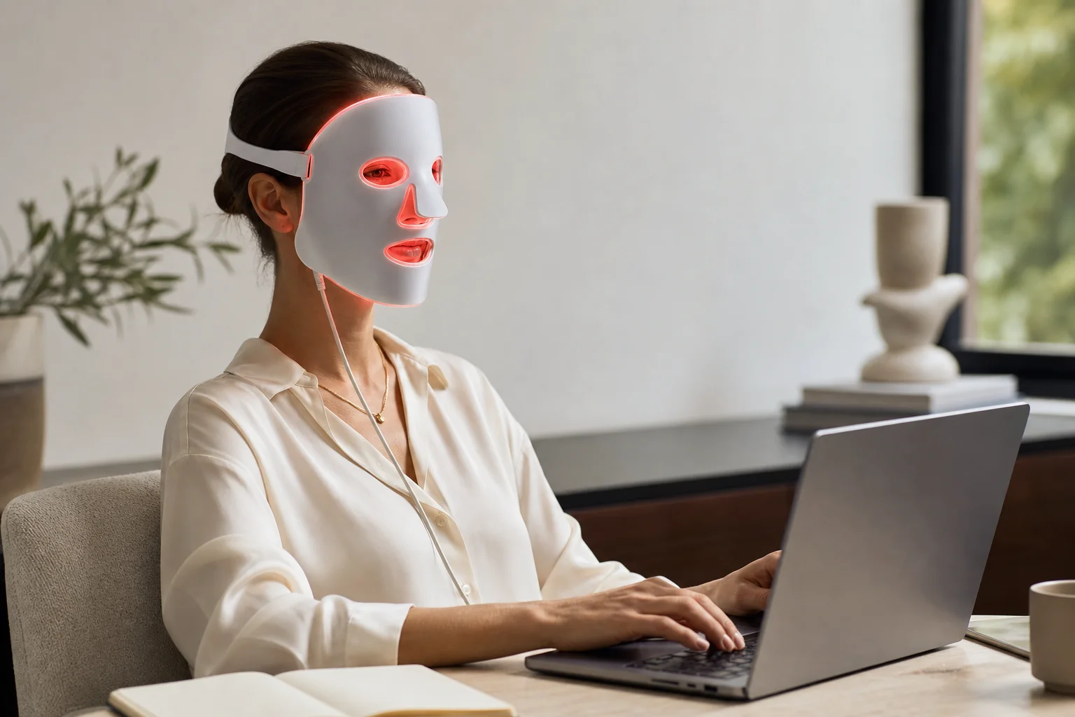 Person wearing a flexible LED mask while working at a desk