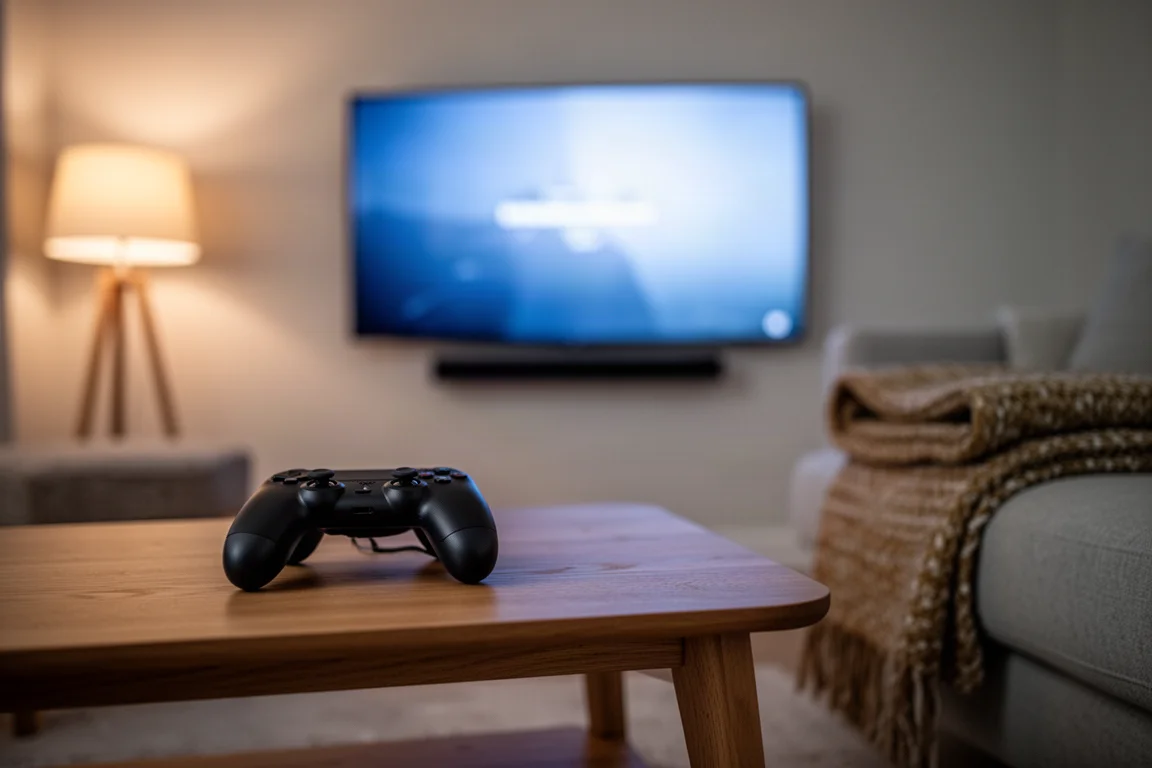 Game controller on a coffee table in front of a glowing wall-mounted TV at dusk