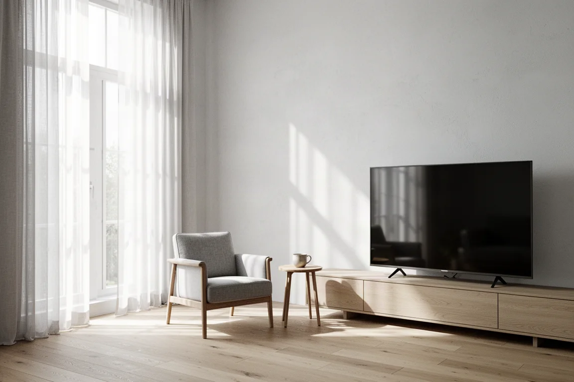 Sunlit living room with tall windows and a flat-panel television on a low console