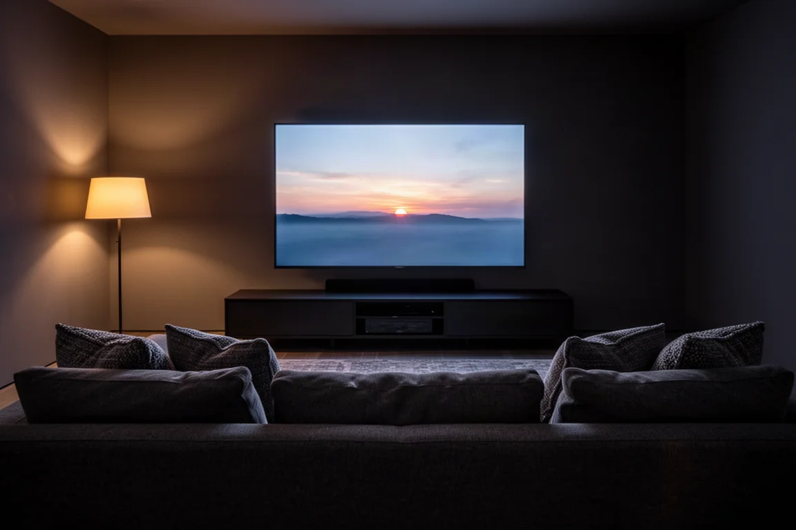 Dim home theater room with a glowing television and a grey sofa in the foreground