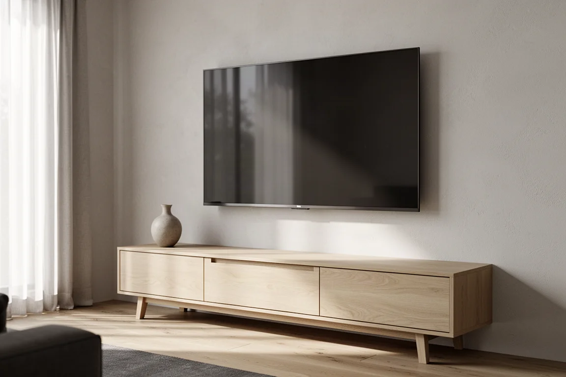 Large slim-bezel television above a pale oak console in a softly lit living room