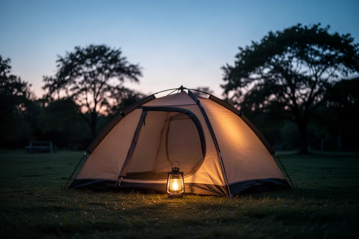 夕暮れの草地のキャンプ場で、内側から光る小さなドーム型テント