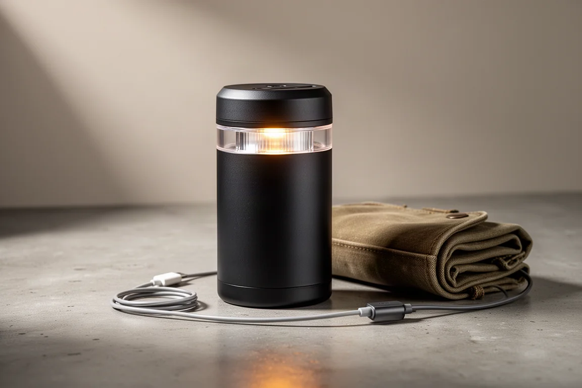 Compact camping lantern with carry case and charging cable on a concrete surface