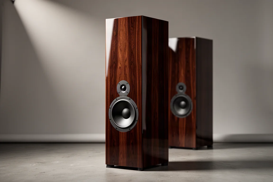 Tall floorstanding loudspeaker with a single large driver in a high-gloss walnut cabinet